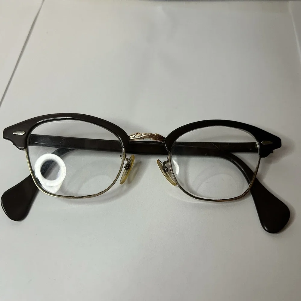 Vintage Mid Century Aluminum Horn Rim Browline Metal Retro Eyeglasses 12K GF